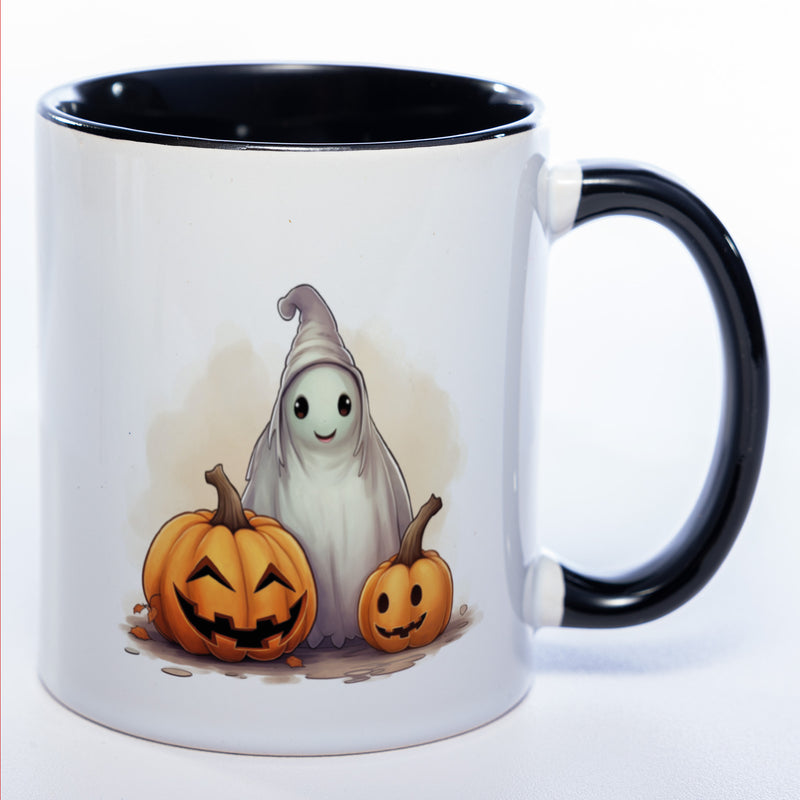 Motiv-Tasse mit süßem Geist und und 2 Kürbissen  - exclusive Kaffeetasse spülmaschinenfest