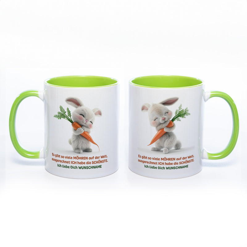 Motivtasse Hase mit Möhre und Wunschnamen - süße Kaffeetasse, nicht nur zu Ostern  - spülmaschinenfest