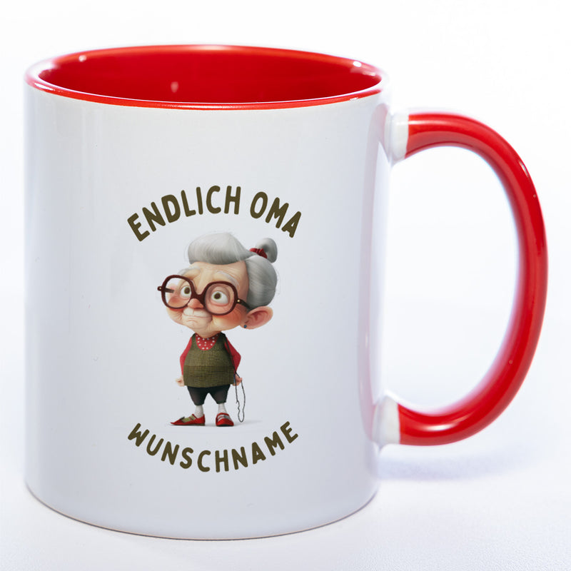 "Endlich Oma"-Tasse mit Wunschnamen - spülmaschinenfest