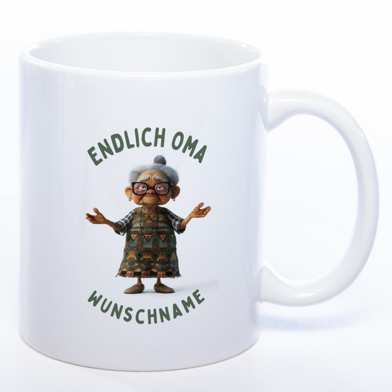 "Endlich Oma"-Tasse mit Wunschnamen - weitere Motive - spülmaschinenfest