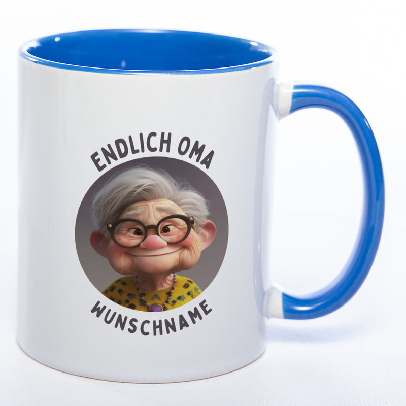 "Endlich Oma"-Tasse mit Wunschnamen - spülmaschinenfest