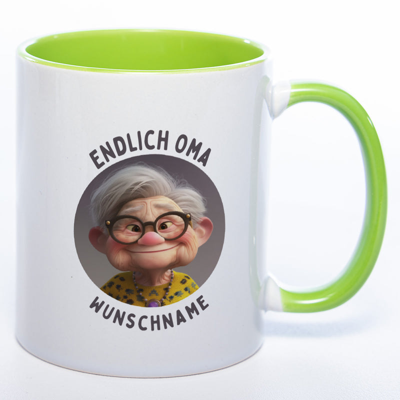 "Endlich Oma"-Tasse mit Wunschnamen - spülmaschinenfest