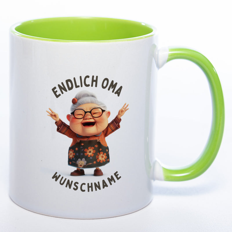 "Endlich Oma"-Tasse mit Wunschnamen - weitere Motive - spülmaschinenfest