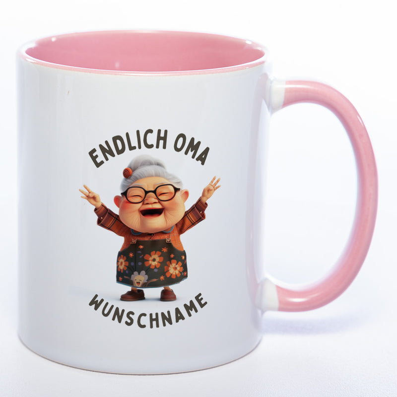 "Endlich Oma"-Tasse mit Wunschnamen - weitere Motive - spülmaschinenfest