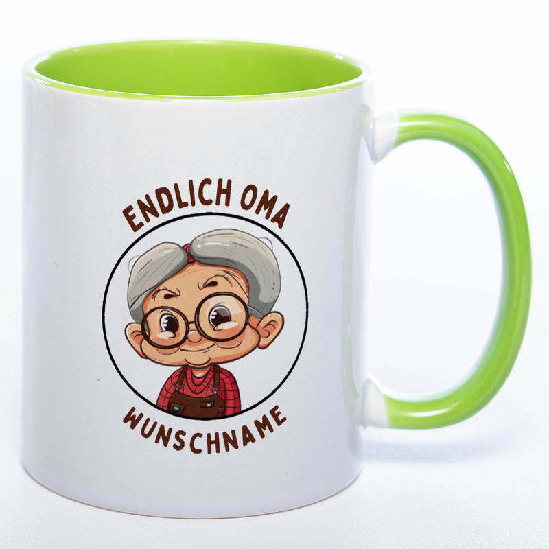 "Endlich Oma"-Tasse mit Wunschnamen - spülmaschinenfest