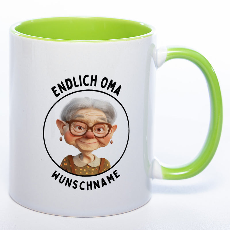 "Endlich Oma"-Tasse mit Wunschnamen - spülmaschinenfest