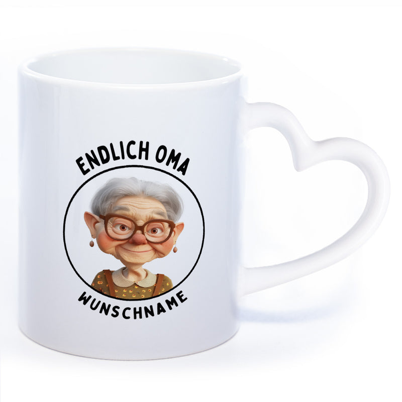 "Endlich Oma"-Tasse mit Wunschnamen - spülmaschinenfest