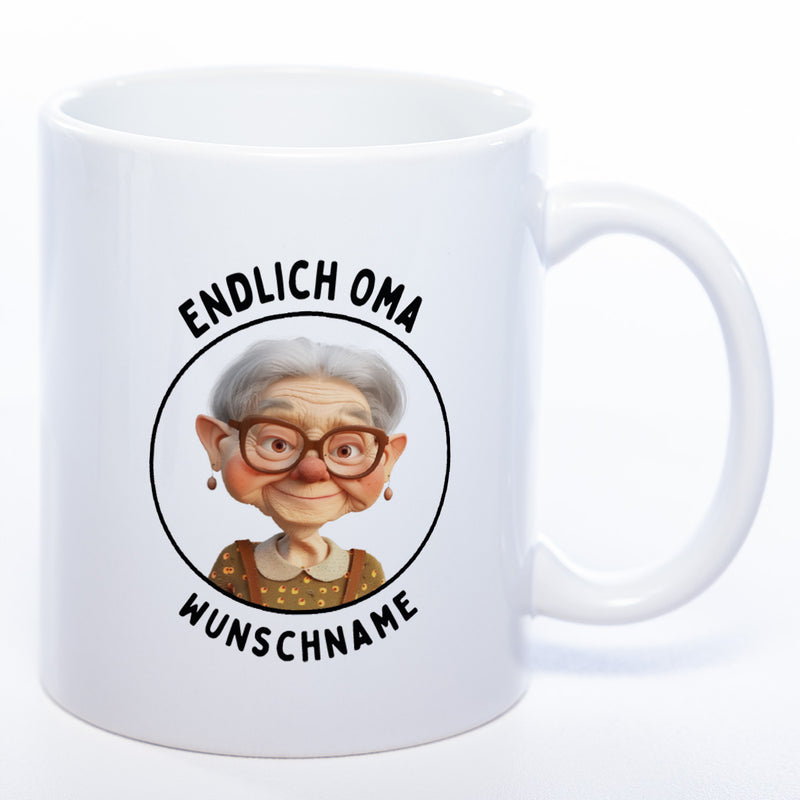 "Endlich Oma"-Tasse mit Wunschnamen - spülmaschinenfest