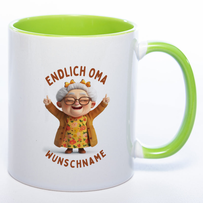 "Endlich Oma"-Tasse mit Wunschnamen - spülmaschinenfest