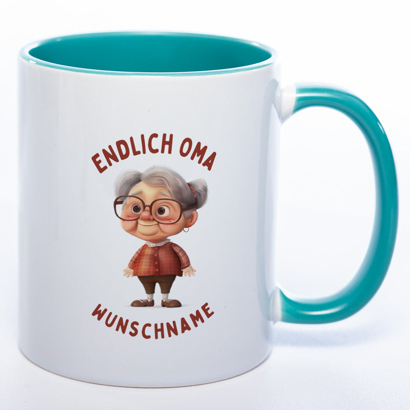 "Endlich Oma"-Tasse mit Wunschnamen - spülmaschinenfest