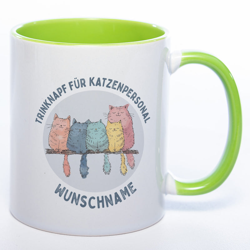 Trinknapf für Katzenpersonal - süße Pastellvariante mit Wunschnamen - spülmaschinenfeste Motiv-Tasse  - in vielen Farben