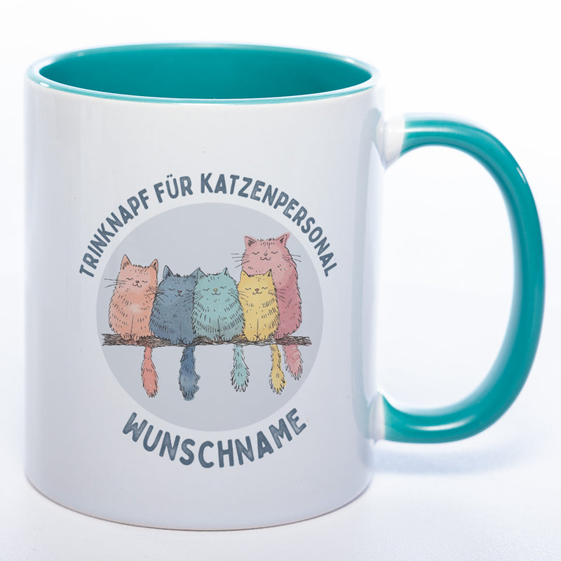Trinknapf für Katzenpersonal - süße Pastellvariante mit Wunschnamen - spülmaschinenfeste Motiv-Tasse  - in vielen Farben