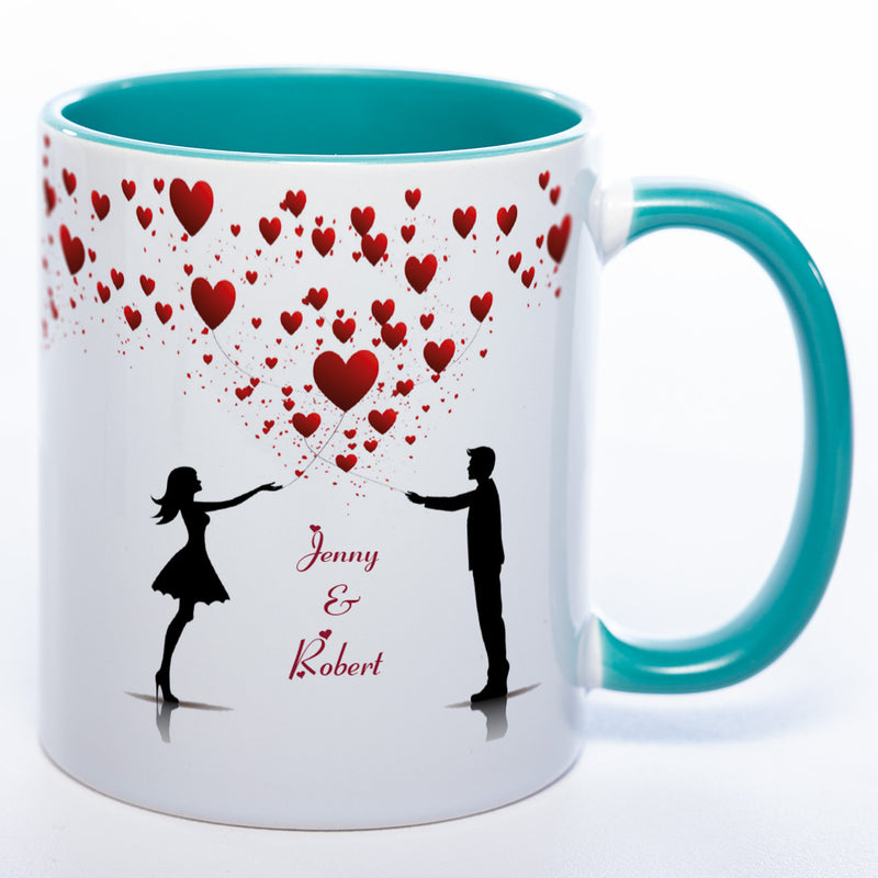 Motiv - Tasse mit Liebespaar, Herzen und 2 Wunschnamen spülmaschinenfest