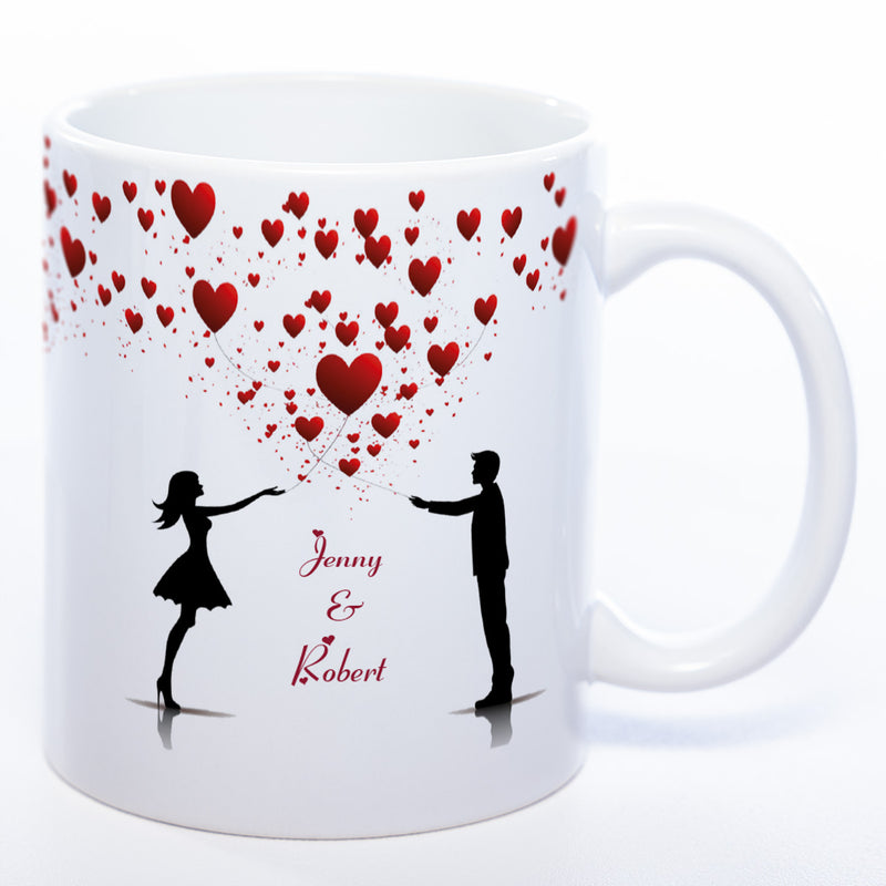 Motiv - Tasse mit Liebespaar, Herzen und 2 Wunschnamen spülmaschinenfest
