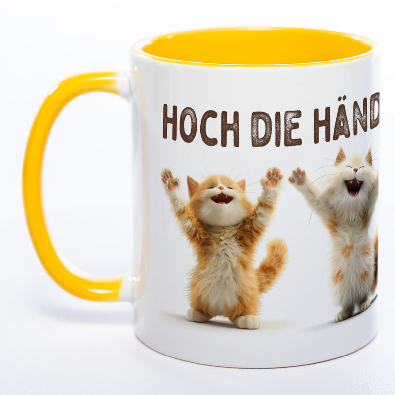 Motiv-Tasse Katzen "Hoch die Hände Wochenende" spülmaschinenfest