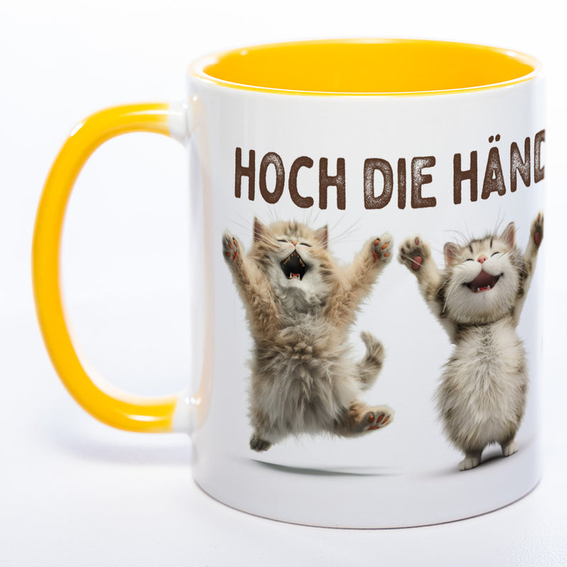 Motiv-Tasse Katzen "Hoch die Hände Wochenende" spülmaschinenfest