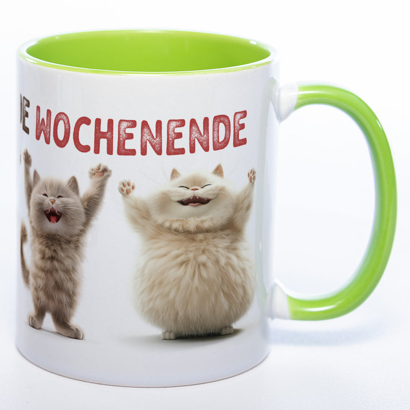 Motiv-Tasse Katzen "Hoch die Hände Wochenende" spülmaschinenfest