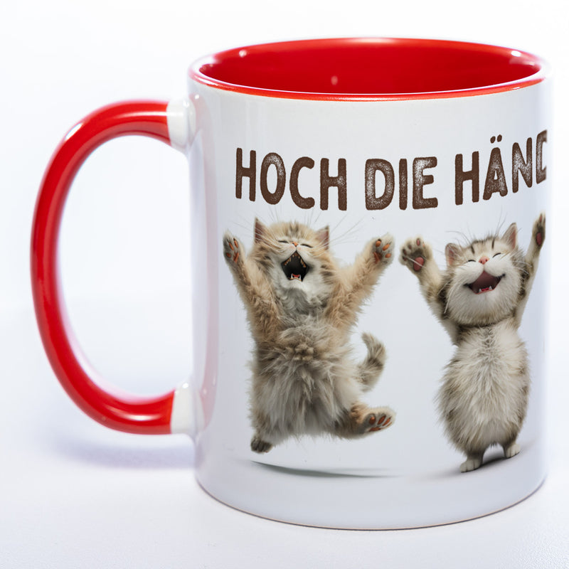 Motiv-Tasse Katzen "Hoch die Hände Wochenende" spülmaschinenfest