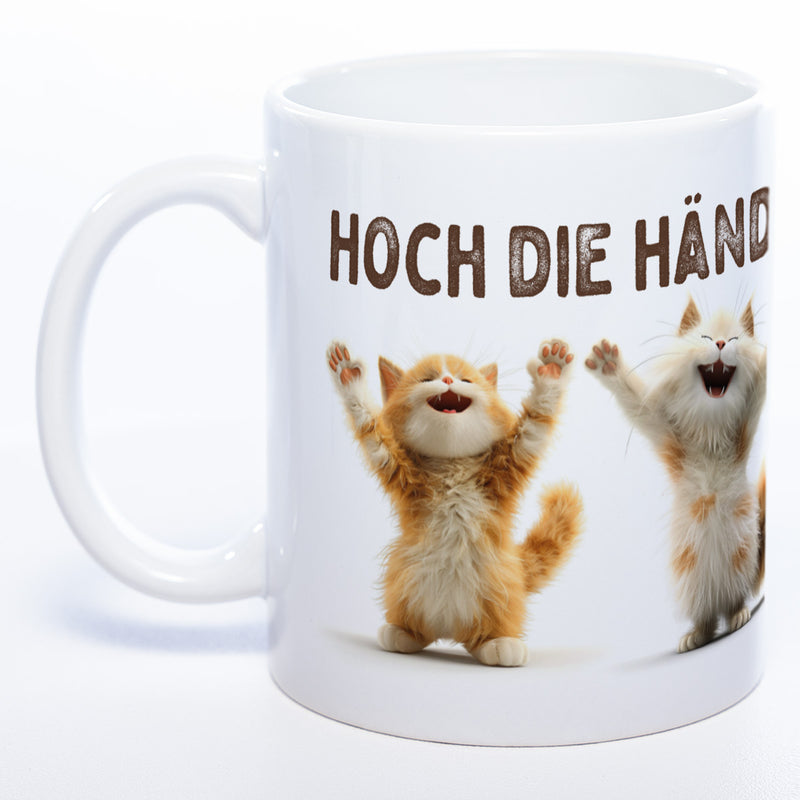 Motiv-Tasse Katzen "Hoch die Hände Wochenende" spülmaschinenfest