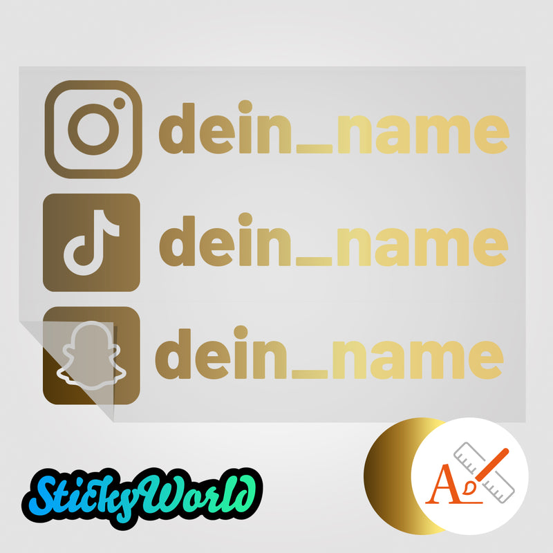 Dreifacher Social Media Sticker mit Deinem Namen in Sonderfarben GLITZER, REFLEKTOR, HOLO,  GOLD, SILBER, NEON, FARBWECHSEL, MILCHGLAS