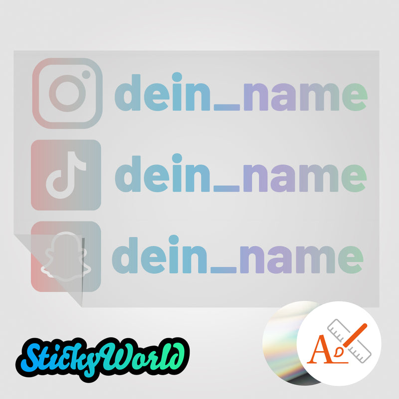 Dreifacher Social Media Sticker mit Deinem Namen in Sonderfarben GLITZER, REFLEKTOR, HOLO,  GOLD, SILBER, NEON, FARBWECHSEL, MILCHGLAS