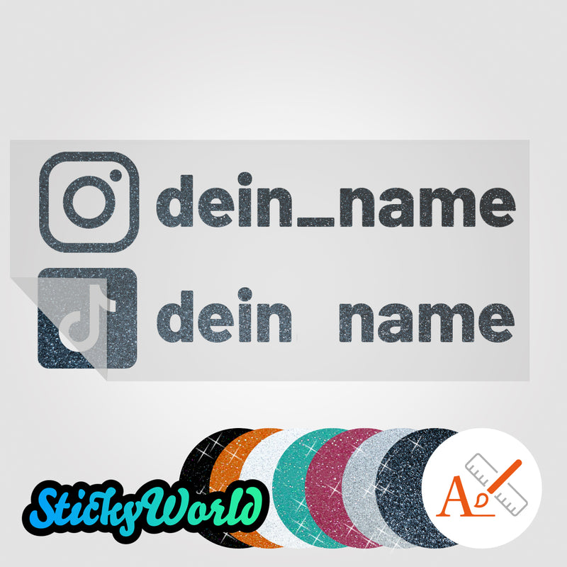 Doppelter Social Media Sticker mit Deinem Namen in Sonderfarben GLITZER, REFLEKTOR,  HOLO, GOLD, SILBER, NEON, FARBWECHSEL, MILCHGLAS