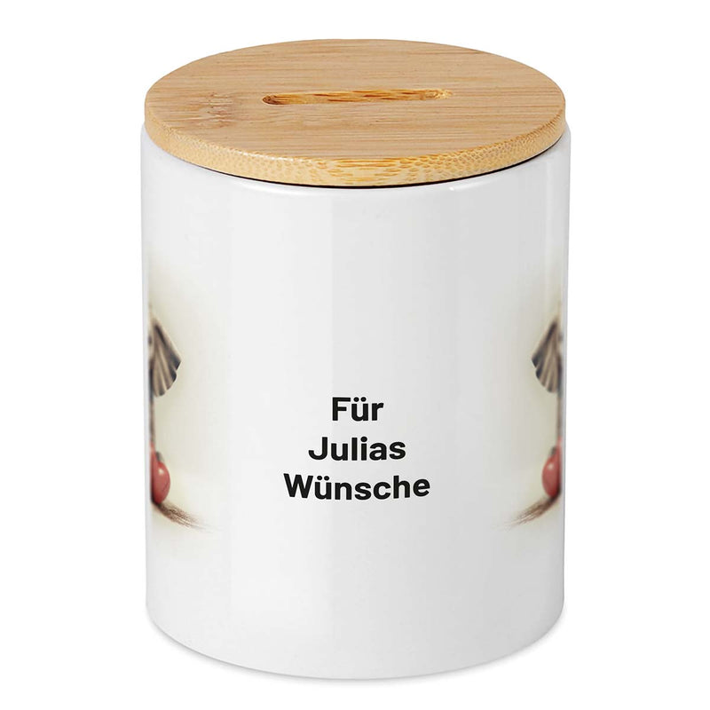 Keramikspardose mit Bambusdeckel zum Öffnen in weiß mit Wunschtext