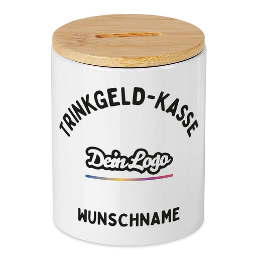Keramikspardose mit Bambusdeckel zum Öffnen in weiß mit eigenem Logo