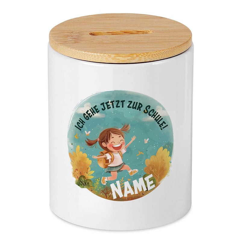 Keramikspardose mit Bambusdeckel zum Öffnen in weiß mit Schulmädchen und Text Ich gehe jetzt zur Schule und Wunschname