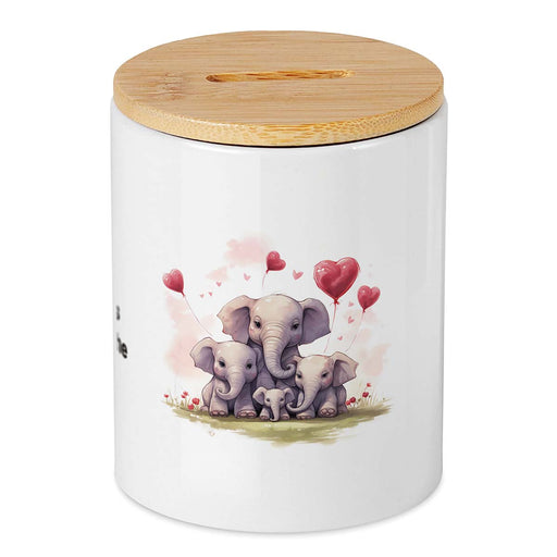 Keramikspardose mit Bambusdeckel zum Öffnen in weiß mit Elefantenfamilie und roten Herzluftballons und Wunschtext