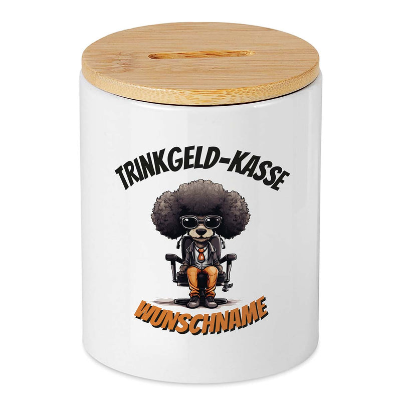 Keramikspardose mit Bambusdeckel zum Öffnen in weiß mit Trinkgeldkasse mit coolem Hund und Wunschname